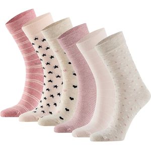 Apollo Dames sokken hartjes gestreept sterren print bio katoen 6-pack beige / roze
