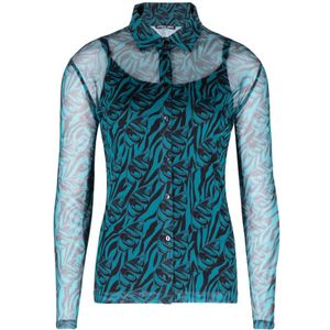Jansen Amsterdam Ali w20 blouse van mesh met grafisch dessin zwart/petrol