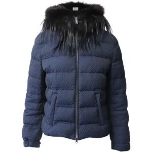 Prada Gewatteerde Jas met Bontkraag in Marineblauw Polyester