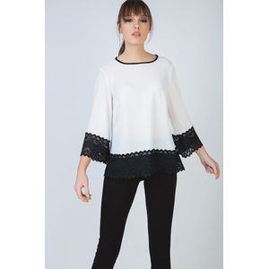 Conquista - Losvallende Top - Ecru - Zwart Kantdetail