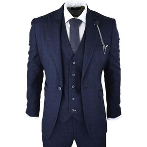 Heren - 3-delig - Marineblauw - Geruit - Tweed Pak