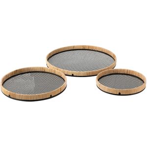 J-Line set van 3 plateaus rond metaal/rotan /naturel 50x50x4cm