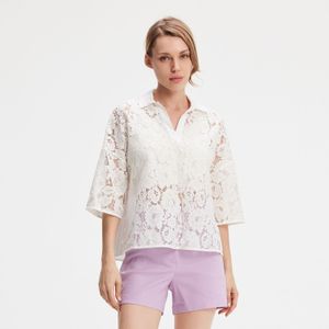 Blouse - Kant en Katoen - Groot Model - 3/4 Mouwen - V Halslijn