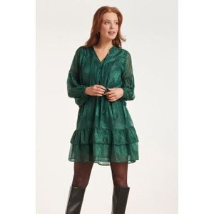 Smashed Lemon - Groene Chiffon Jacquard V-Hals Jurk - A-lijn - Met Bladmotief