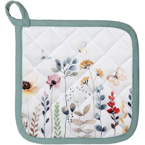 Clayre & Eef Pannenlap 20x20 cm Wit Groen Katoen Vierkant Bloemen Afgiet Pannenlap