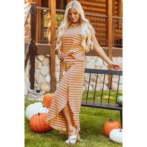 Gestreepte Gebreide Midi-jurk met Zijsplit