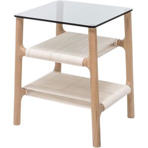 Gazzda Fawn side table houten bijzettafel whitewash met glazen tafelblad grey 42 x 34 cm