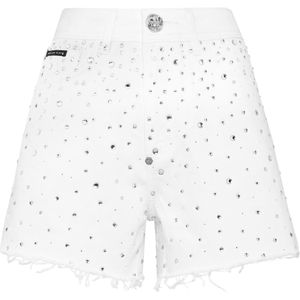 Philipp Plein - Denim Hot Pants Crystal Rain - Korte Broeken - Wit - Hoge Taille