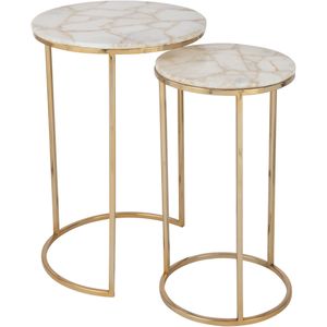 J-Line set van twee bijzettafels kwarts steen/metaal wit/goud 35.5x35.5x61cm