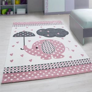 Muratap Kids olifant vloerkleed kinderkamer roze / wit laagpolig- 160x230 cm