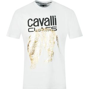 Cavalli Class - Witte T-shirt - Gouden Tijger Sjabloon Logo