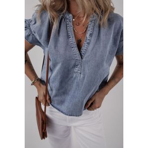 Denim V-hals Blouse Korte Mouwen