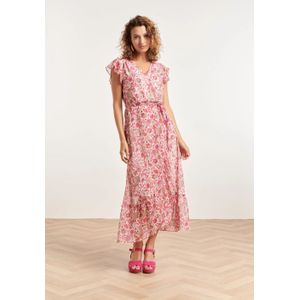 Smashed Lemon 24307 wikkelstijl maxi jurk van chiffon met fuchsia en