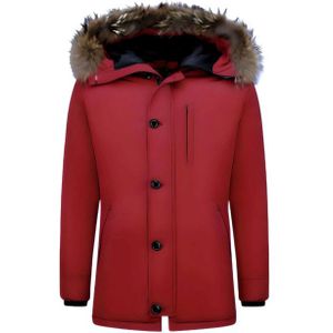 Enos - Heren Winterjas Lang - Rood - Parka - Grote Bontkraag