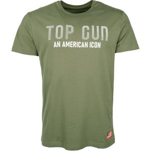 TOP GUN - Shirt - Kaki/Wit - Jersey - Ronde Hals, Logoprint, Kwartmouw
