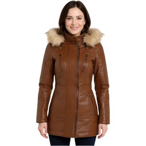 Dames - Bruin - Gewatteerde Leren Parka Jas - Bowen