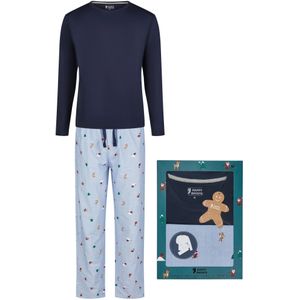 Happy Shorts Heren kerst pyjama set shirt + broek giftbox skiing santa blauw