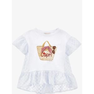 Monnalisa - T-shirt - Bianco - Katoen - Kanten Roze Mouwen