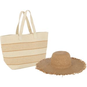 J-Line set van 2 strandtas strepen + hoed papier beige/lichtbruin 59x20x39cm