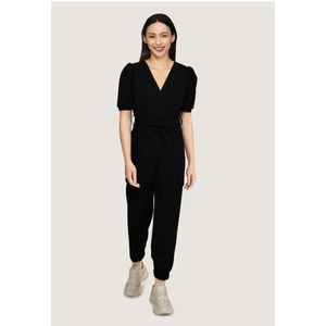 Sisters Point - 16186 - Jumpsuit - Zwart - Korte Pofmouwen, V-hals, Afneembaar Koord in Taille