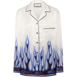 Philipp Plein - Satin Pijama Shirt LS Flames - Blouse - Wit - 100% Zijde
