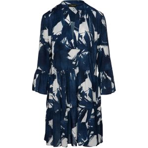 A-lijn Jurk - Donkerblauw en Wit - Met Klokmouwen - Geweven Viscose