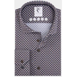 R2 Amsterdam - Casual Hemd - Beige - Lange Mouw - Blauwe Print - 130.WSP.008/045