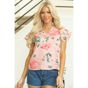 Bloemvormige Geplooide Korte Mouw Blouse