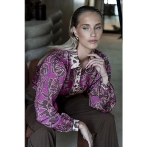 Geisha - 53937 - Blouse - Mocca/fuchsia - Met Statement Print En Luipaarddetails