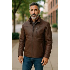 Heren - Halflange Leren Jas - Bruin - Colac