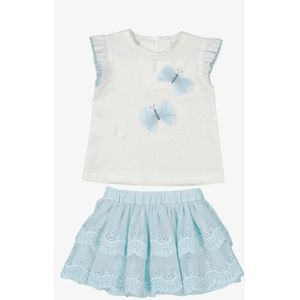 Mayoral - Set - Strokenrok - Sky - Tulle - Shirt met Roze Mouwen