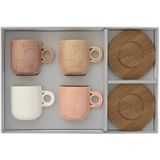 EspressoKoffiekopjes - set van 4- porselein - 11cl - 4 schotels acaciahout - geschenkdoos