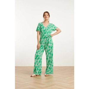 Smashed Lemon - 25046 - Jumpsuit - Groen en Wit - V-halsbladprint