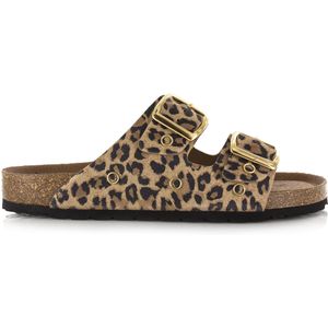 DWRS Label Leopard slippers leer met gouden details slippers met gesp dames