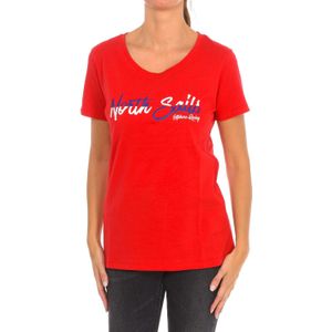 North Sails - T-shirt - Rood - Dames - Katoen - Korte Mouwen - Geribbelde Halslijn
