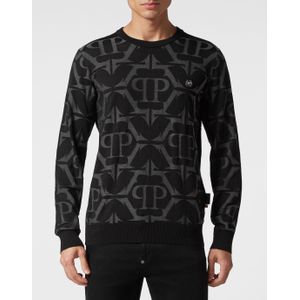 Philipp Plein - Pullover Ronde Hals Chrome - Gebreide Trui - Zwart - Merinowol en Zijde