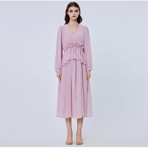 Lange Ruche Chiffon Jurk - Trapeze - 135 cm - V Halslijn - Geknoopte Lange Mouwen