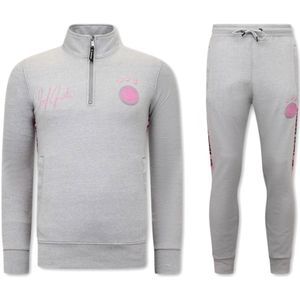 Heren Joggingspak - Half Zipper, Double Ribbon - Grijs / Roze