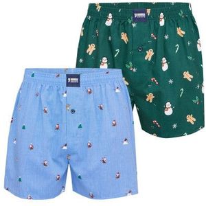 Happy Shorts - Boxershorts - Lichtblauw/Groen - 2-Pack - Wijde Pasvorm - Kerst Print