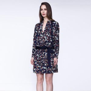 Satijnen Kraag Korte Jurk - Bladeren Print - Informele Look - V-Halslijn