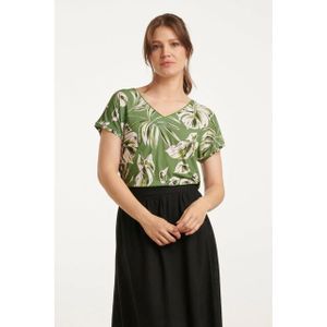 Smashed Lemon - Groene Bladprint Stretch Top - V-hals - Dames
