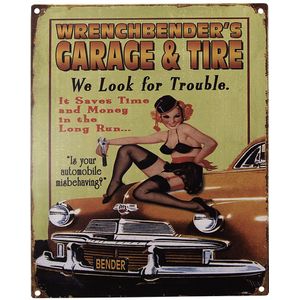 Clayre & Eef Tekstbord 20x25 cm geel ijzer garage & tire wandbord