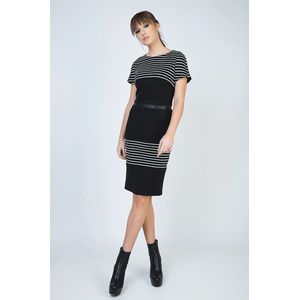 Jurk - Aansluitende Lichtgewicht Gevoerde Midi - Met Strepen en Imitatieleren Detail