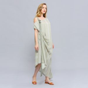 Asymmetrische gedrapeerde streepprint midi -jurk
