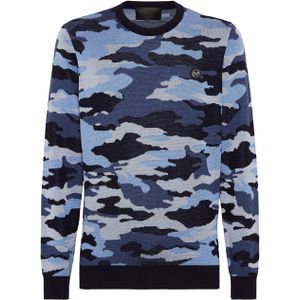 Philipp Plein - Pullover - Blauw - Wol en Zijde - Ronde Hals - Jacquard Camouflage