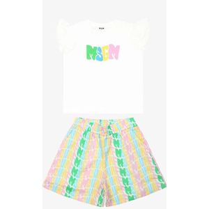 MSGM - Set - Korte Broek en T-Shirt - Groen, Roze, Blauw, Geel - Ruffle-Detail