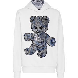 Philipp Plein - Hoodie - Wit - Katoenfleece - Strass-teddybeerprint