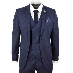 Heren - Marineblauw - 3-delig Retro Streepjasje Kostuum