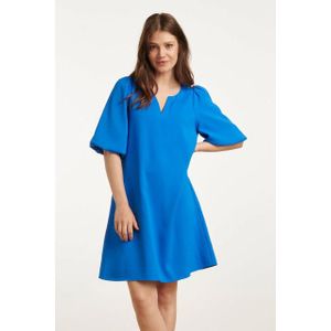 Smashed Lemon - Ballonmouw Jurk - Kobaltblauw - V-halslijn - Losse Pasvorm