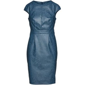 Indigo - Kunstleren Jurk - Geweven Faux Moiré-Leer - Met Kleine Kapmouwtjes